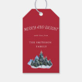 明るいメリー松の木々赤い休日 ギフトタグ (正面)