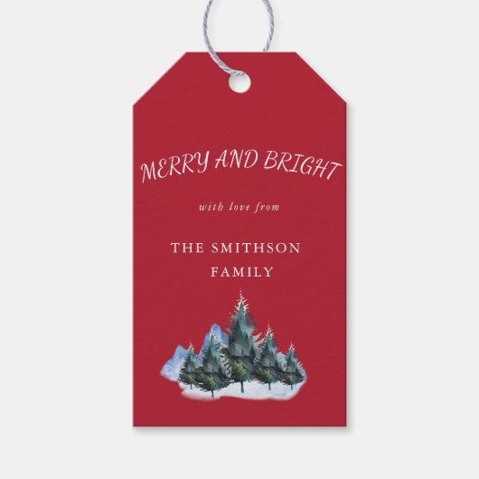 明るいメリー松の木々赤い休日 ギフトタグ (正面)