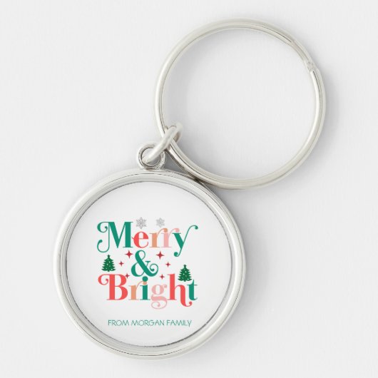 明るいメリー松の木の雪片 キーホルダー (正面)