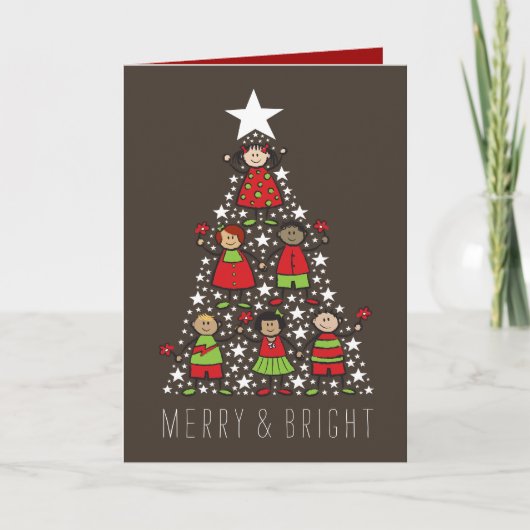 明るいメリー漫画クリスマスツリーキッズおもしろい シーズンカード (正面)
