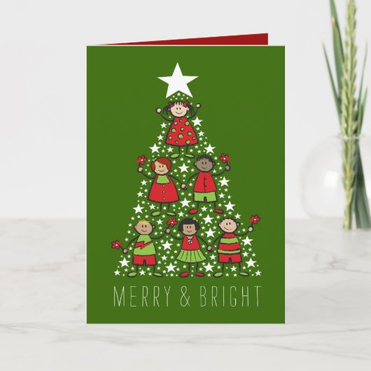 明るいメリー漫画クリスマスツリーキッズおもしろい シーズンカード (正面)