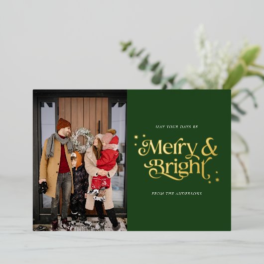 明るいメリー緑のクリスマスの写真 箔シーズンカード (立ち正面)