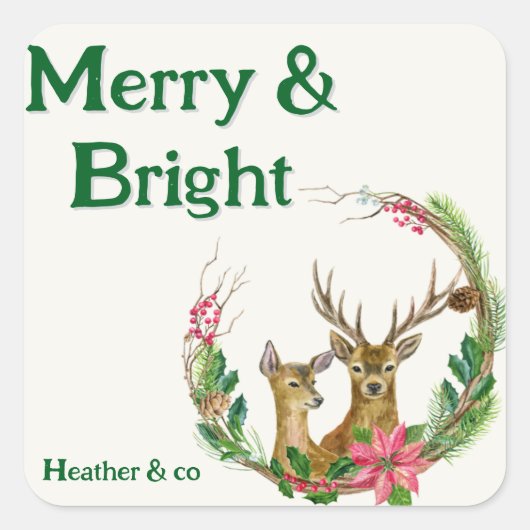 明るいメリー美しいトナカイのシール スクエアシール (正面)