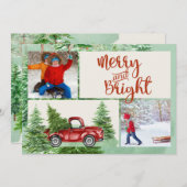 明るいメリー赤いトラックのクリスマスフォトカード シーズンカード (正面/裏面)