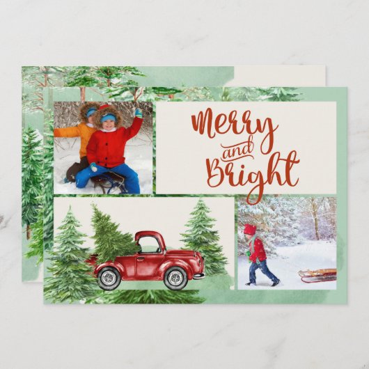 明るいメリー赤いトラックのクリスマスフォトカード シーズンカード (正面/裏面)