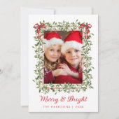 明るいメリー赤い弓の緑のクリスマスフォト シーズンカード (正面)