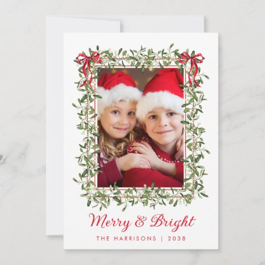 明るいメリー赤い弓の緑のクリスマスフォト シーズンカード (正面)