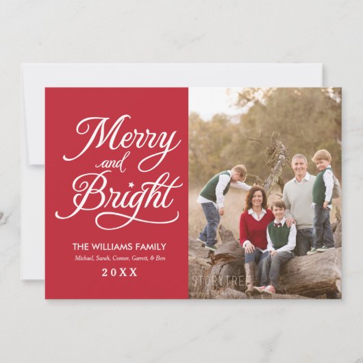 明るいメリー赤のエレガントスクリプト写真コラージュ シーズンカード (正面)