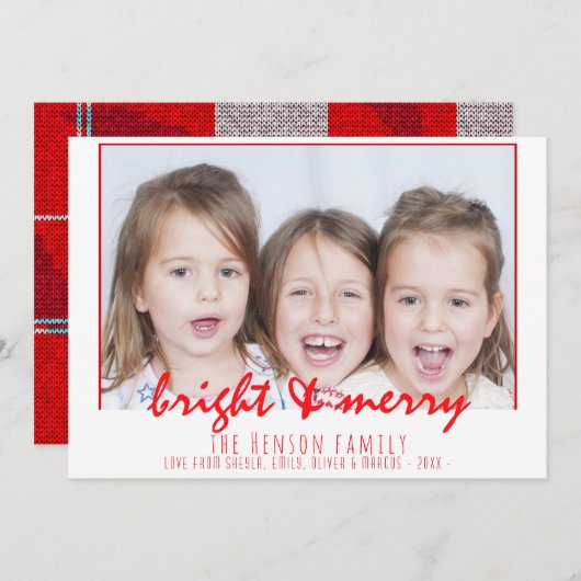 明るいメリー赤のスクリプトファミリーフォトクリスマス シーズンカード (正面/裏面)