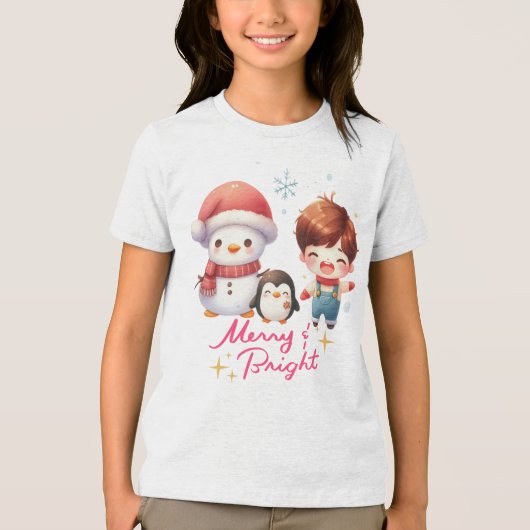 明るいメリー雪だるま トライブレンドTシャツ (正面)