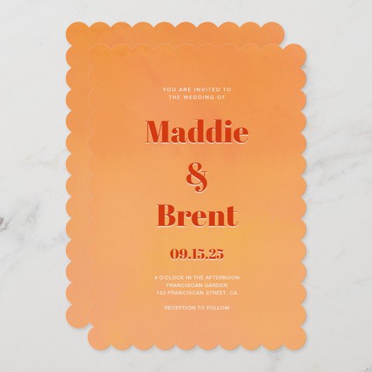 明るいモダンとグラデーショはっきりしたンの燃えたオレンジ結婚色 招待状 (正面/裏面)