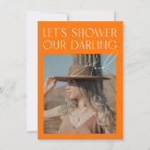 明るいモダンオレンジ色のフォトブライダルシャワー 招待状 (正面)