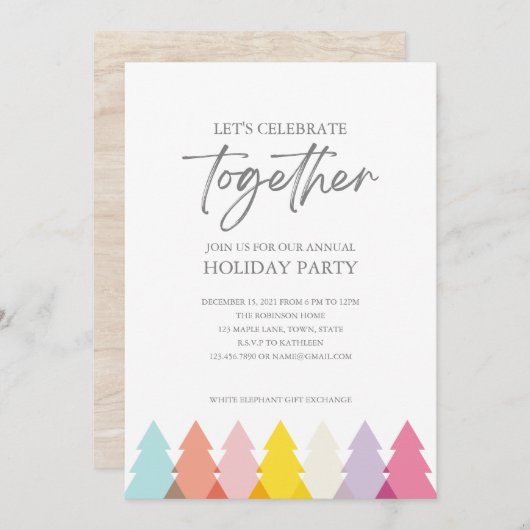 明るいモダンクリスマスツリーパーティの招待状 招待状 (正面/裏面)