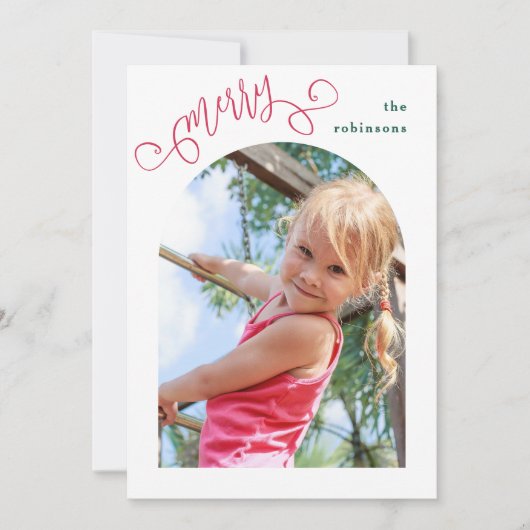 明るいモダンスクリプメリートのアーチ写真クリスマス シーズンカード (正面)