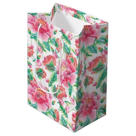 明るいモダンピガーリーンクの花のパターン ミディアムペーパーバッグ (正面アングル)