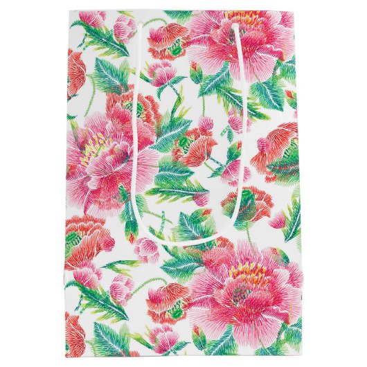 明るいモダンピガーリーンクの花のパターン ミディアムペーパーバッグ (裏面)