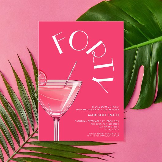 明るいモダンピンクのカクテル40歳の誕生日 招待状