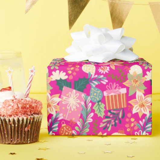 明るいモダンピンク色のレトロなクリスマス ラッピングペーパー (誕生日パーティー)