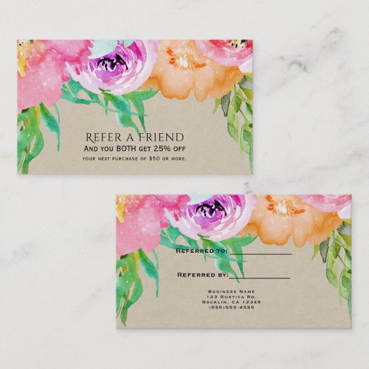 明るいモダンフローラブラウンクラフト友人を参照 紹介カード (正面/裏面)