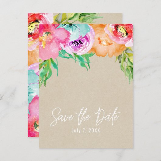 明るいモダンフローラブラウンクラフト日付を保存 案内ポストカード (正面/裏面)