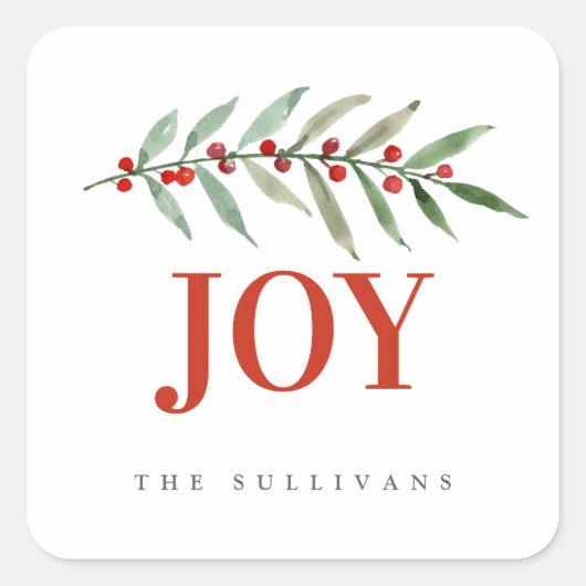 明るいモダンホリデークリスマスJOYウィンターベリー スクエアシール (正面)
