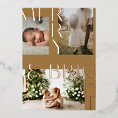 明るいモダンメリータイポグラフィ3はっきりしたフォトゴールデン 箔シーズンカード (正面)