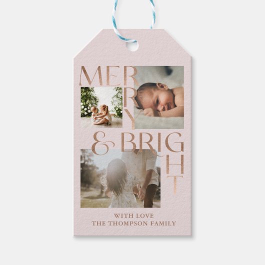 明るいモダンメリータイポグラフィ3はっきりしたフォトピンク ギフトタグ (正面)