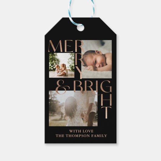 明るいモダンメリータイポグラフィ3はっきりしたフォトブラック ギフトタグ (正面)