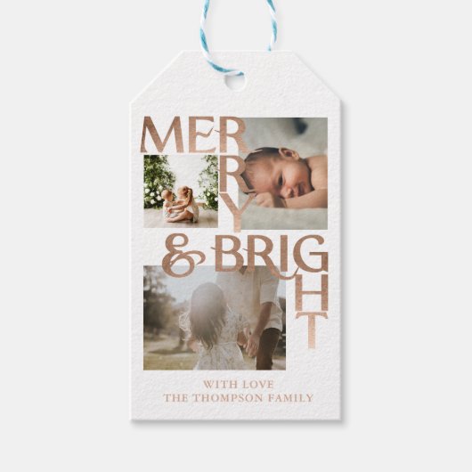 明るいモダンメリータイポグラフィ3はっきりしたフォトホワイト ギフトタグ (正面)
