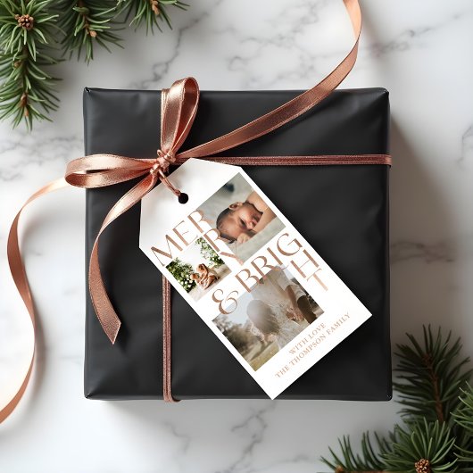 明るいモダンメリータイポグラフィ3はっきりしたフォトホワイト ギフトタグ