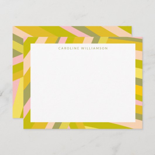 明るいモダン柑橘系ストライプの緑とピンクの名前 ノートカード (正面/裏面)