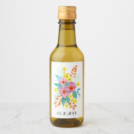 明るいモダン色の水彩花模様 ワインラベル