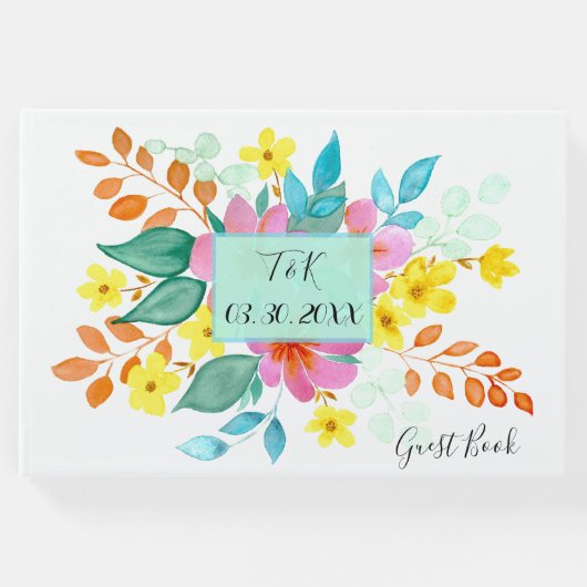 明るいモダン色の水色フローラ ゲストブック (正面)