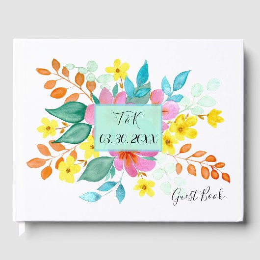 明るいモダン色の水色フローラ ゲストブック (正面)