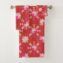 明るいモダン赤の幾何形状パターン バスタオルセット