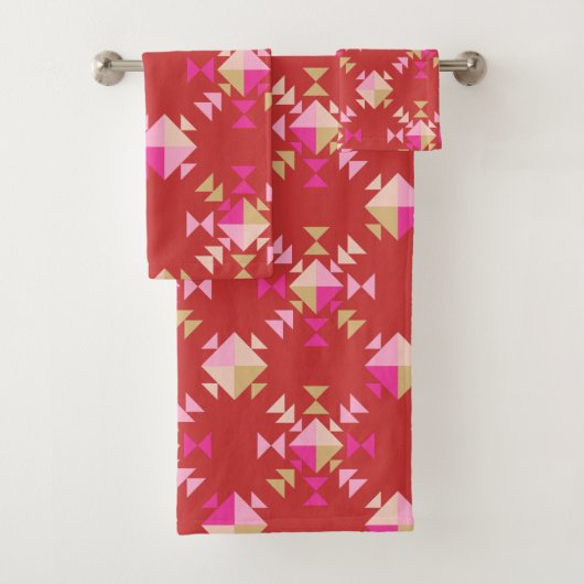 明るいモダン赤の幾何形状パターン バスタオルセット (インサイチュ)
