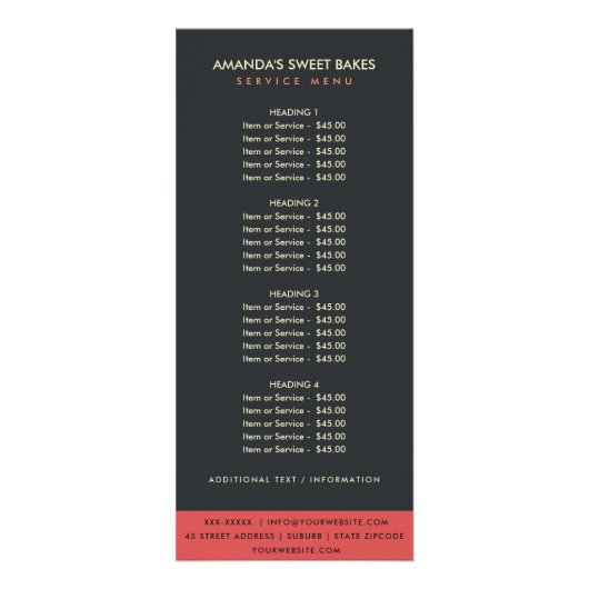 明るいモダン赤はっきりした黒のベーカリー価格サービス ラックカード (正面)