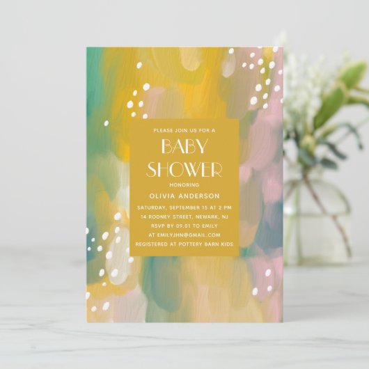 明るいモダン黄色の緑の油色彩の鮮やかの赤んだシャワー 招待状 (スタンド正面)