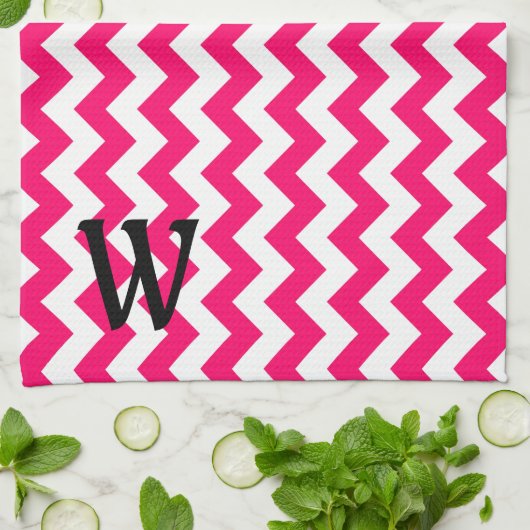 明るいモノグラムのピンクのジグザグ キッチンタオル (折り畳み)