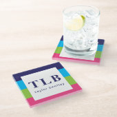 明るいラグビーストライプズモノグラムのガラスコースター ガラスコースター (アングル)