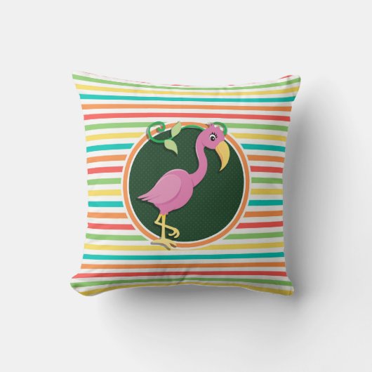 明るいレインボーにピンクのフラミンゴストライプ クッション (正面)