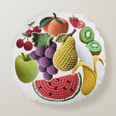 明るいレインボースクラップブッククロシェのフルーツコラージュ ラウンドクッション (正面)
