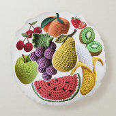 明るいレインボースクラップブッククロシェのフルーツコラージュ ラウンドクッション (裏面)