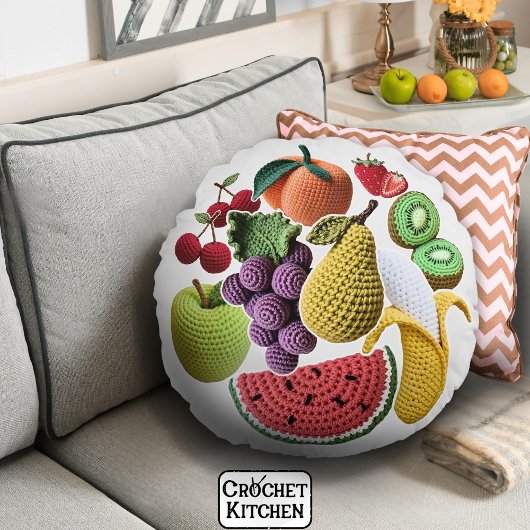 明るいレインボースクラップブッククロシェのフルーツコラージュ ラウンドクッション