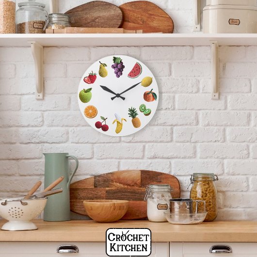 明るいレインボースクラップブッククロシェのフルーツコラージュ ラージ壁時計