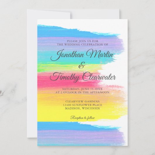 明るいレインボーモダン陽気ゲイカップル結婚ズ 招待状 (正面)