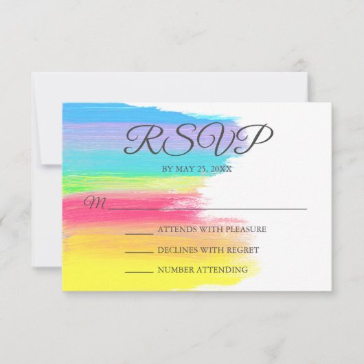 明るいレインボーモダンLGBTQ陽気なゲイカップル 出欠カード (正面)