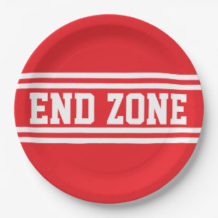 明るいレッドのスポーツ調ホワイトレーシングストライプ END ZONE ペーパープレート