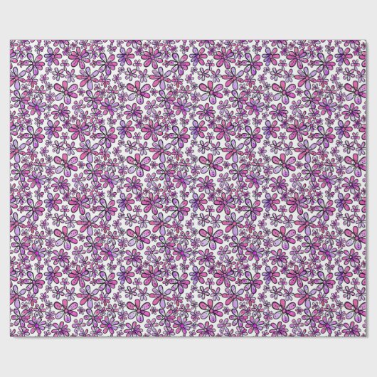 明るいレトロの花の模様(ピンクと紫) ラッピングペーパー (フラット)
