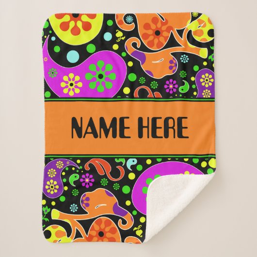 明るいレトロペイズリーパターン名前をカスタムする毛布 シェルパブランケット (正面)